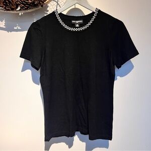 Karl Lagerfeld Paris Checker Short Sleeve Black Top with White Trim Neckline